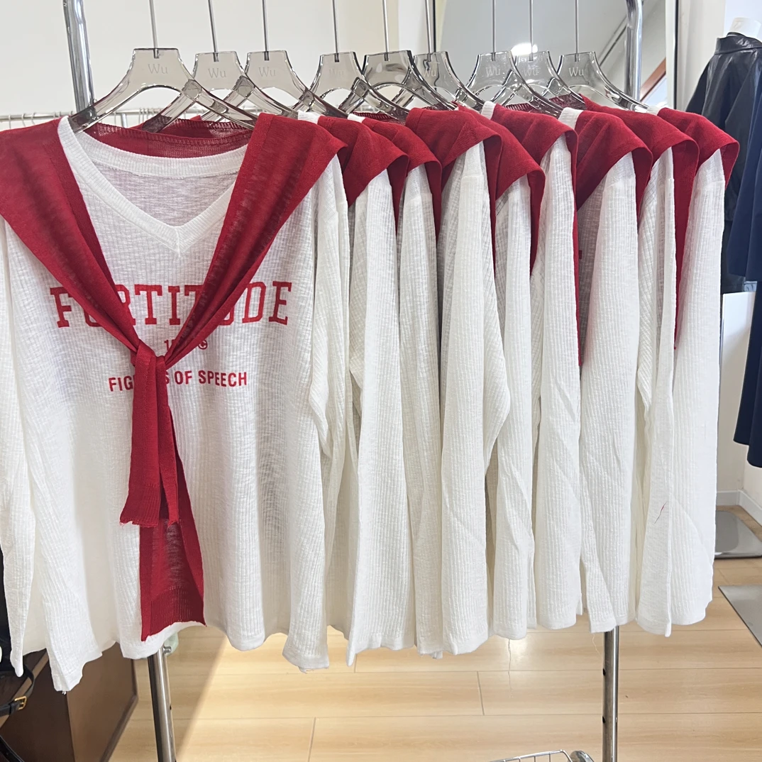 大码防晒百搭线织女休闲时尚字母韩版长袖针织衫V领字母