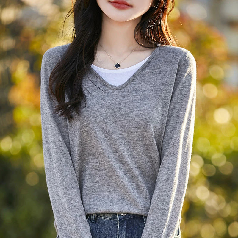 假两件V领长袖春秋时尚春秋季上衣显瘦百搭打底衫针织衫宽松套头