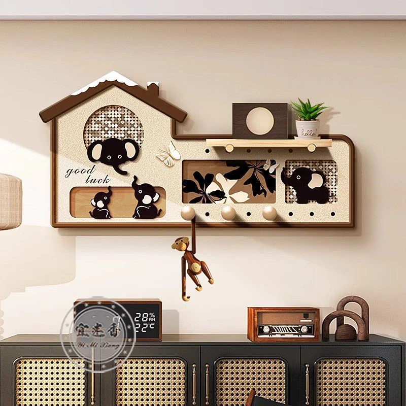 侘寂风餐厅洞洞板装饰画进门对墙大象奶油玄关柜小象置物挂画672