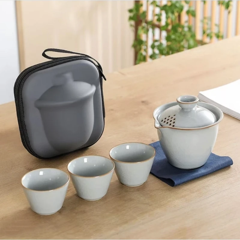 高档汝窑旅行茶具便携式快客杯家用户外一壶三杯陶瓷功夫茶杯茶壶