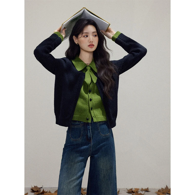 【好货推荐】秋冬穿搭复古黑色假两件开衫毛衣女翻领巨好看宽松上衣