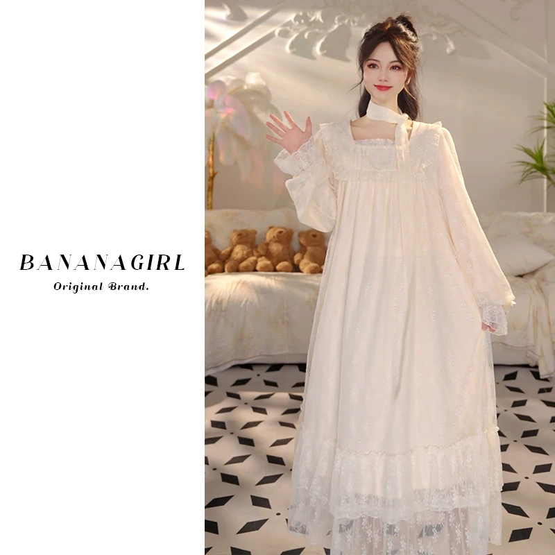 Bananagirl【白月光】春秋新款宫廷风仙女时尚蕾丝连衣裙奶油色外穿