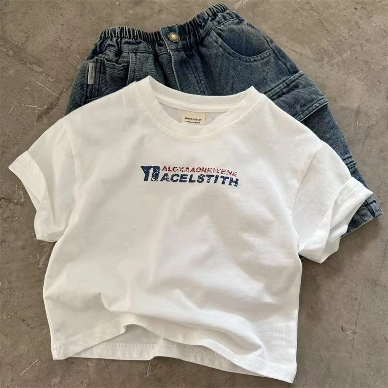 儿童短袖2025夏季新品男女童印花字母短袖T宝宝简约百搭T恤70381