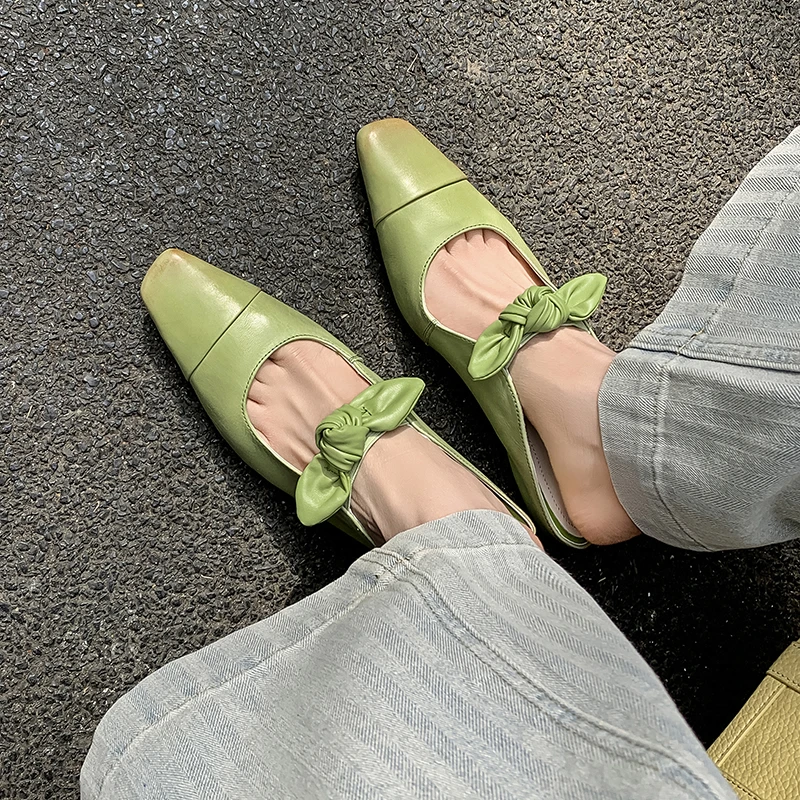 蝴蝶结包头公主低跟纯色包头拖方头网红时尚平底玛丽珍百搭