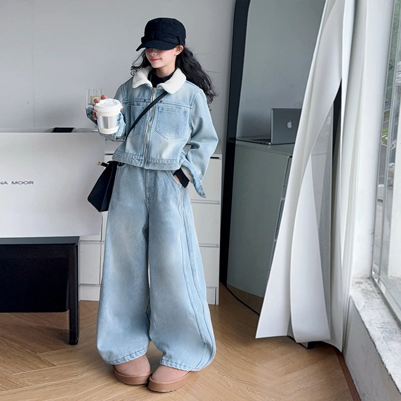女童牛仔加绒套装2025新款儿童毛领外套阔腿裤中大童秋冬装两件套