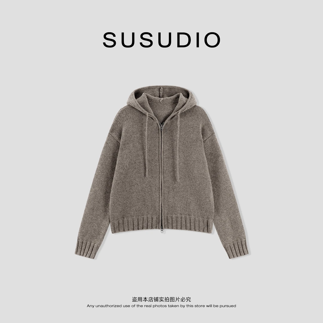 SUSUDIO  羊毛 秋款纯色针织柔软亲肤舒适拉链连帽毛衣外套 50171