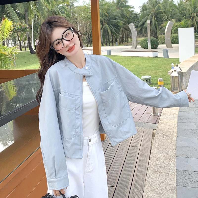 蓝色皮衣外套女春秋2025新款机车服短款pu皮夹克小个子流行炸街