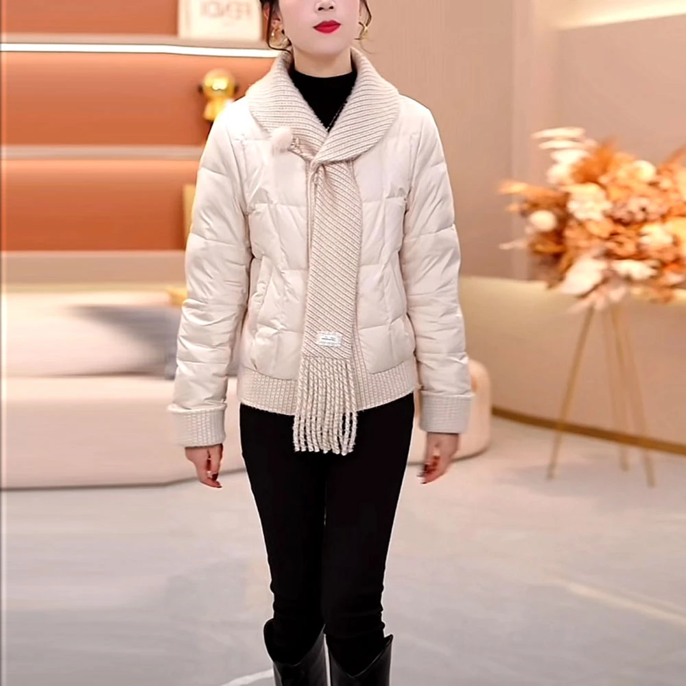 五防免洗加厚保暖短款羽绒服女2025冬季新款围巾领国标白鸭绒外套