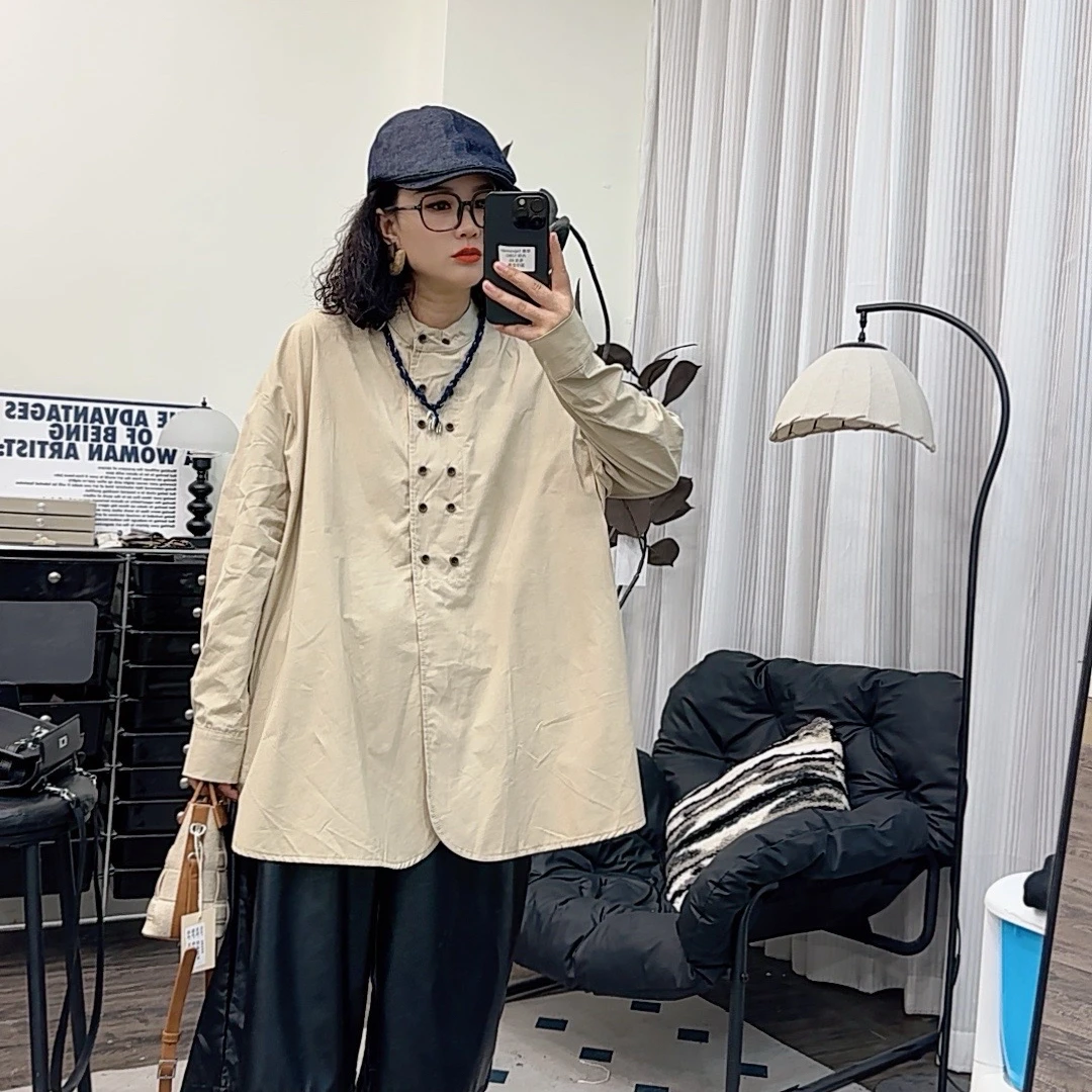 哆唛85985款双排扣纯色圆领长袖宽松欧韩时尚潮流秋季新款衬衣