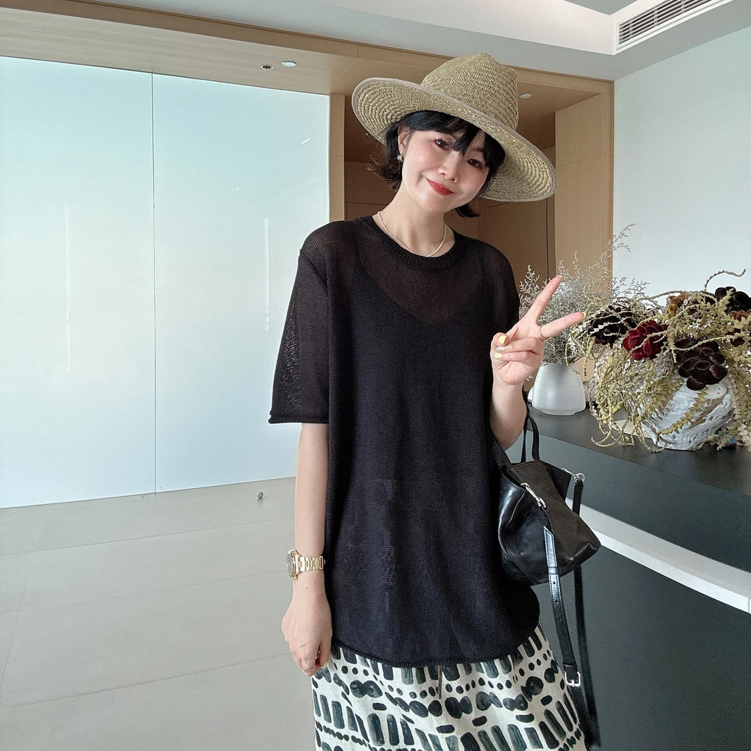 夏季慵懒宽松凉感卷边针织短袖T恤