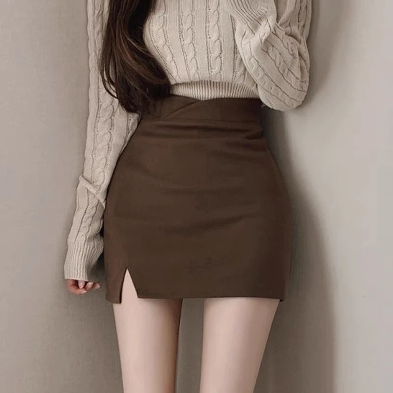 黑色毛呢短裙女秋冬半身裙2025新款高腰紧身呢子开叉包臀一步裙子
