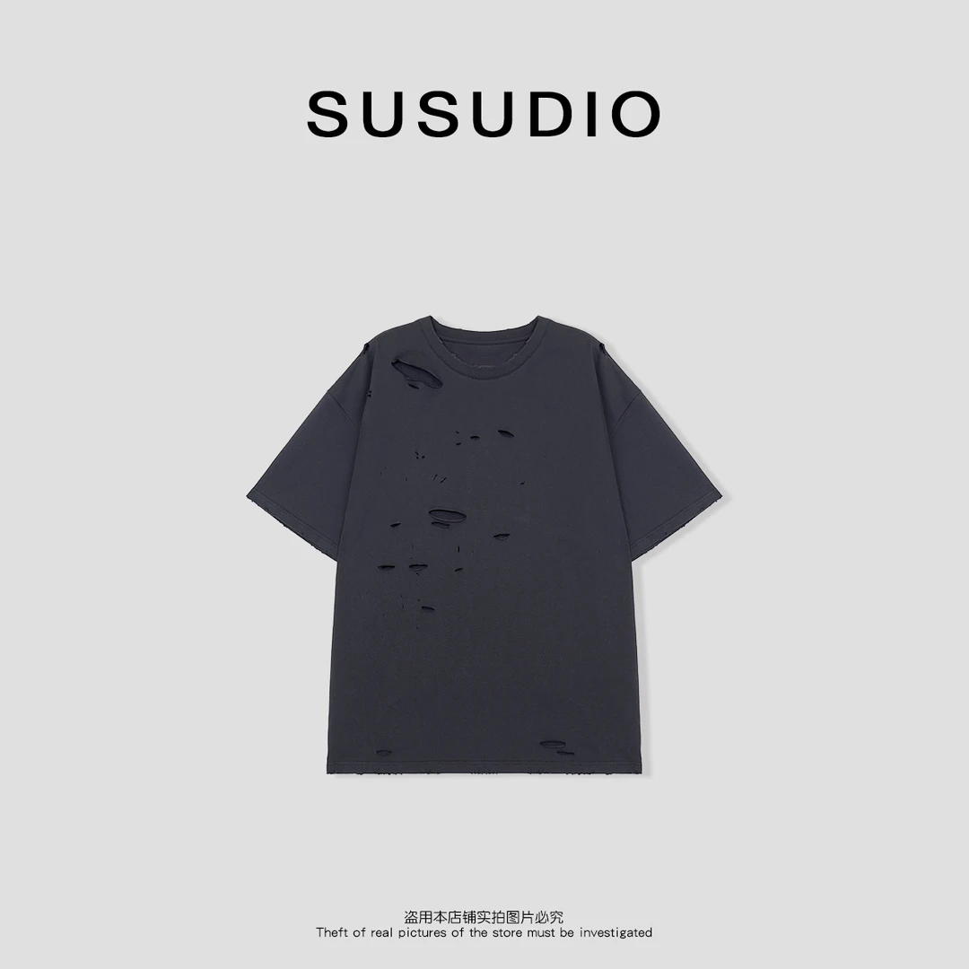 SUSUDIO 100棉  超重工宽松破洞圆领短袖舒适透气T恤 10324