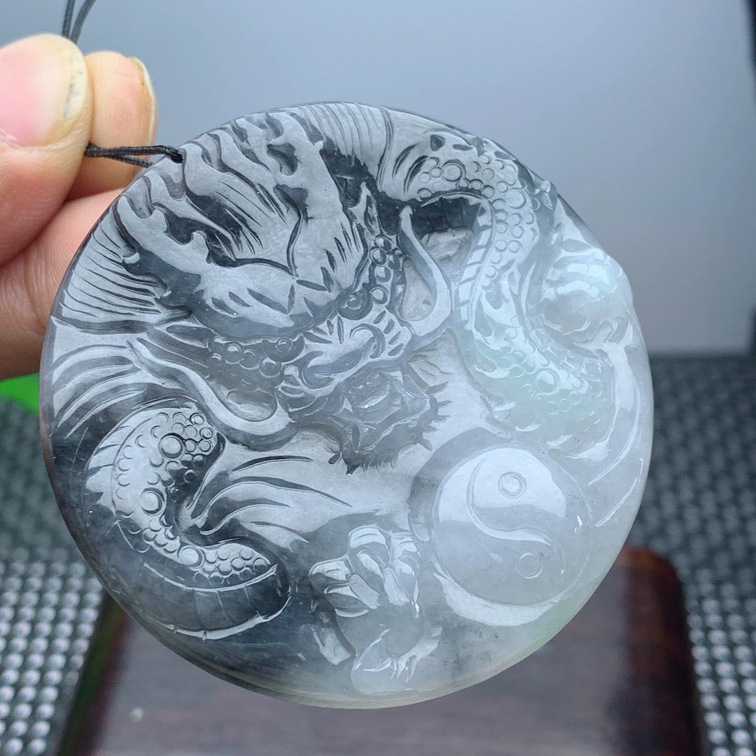 缅甸天然翡翠A货乌鸡料黑白色圆形龙牌吊坠男女双面雕刻仿古精雕