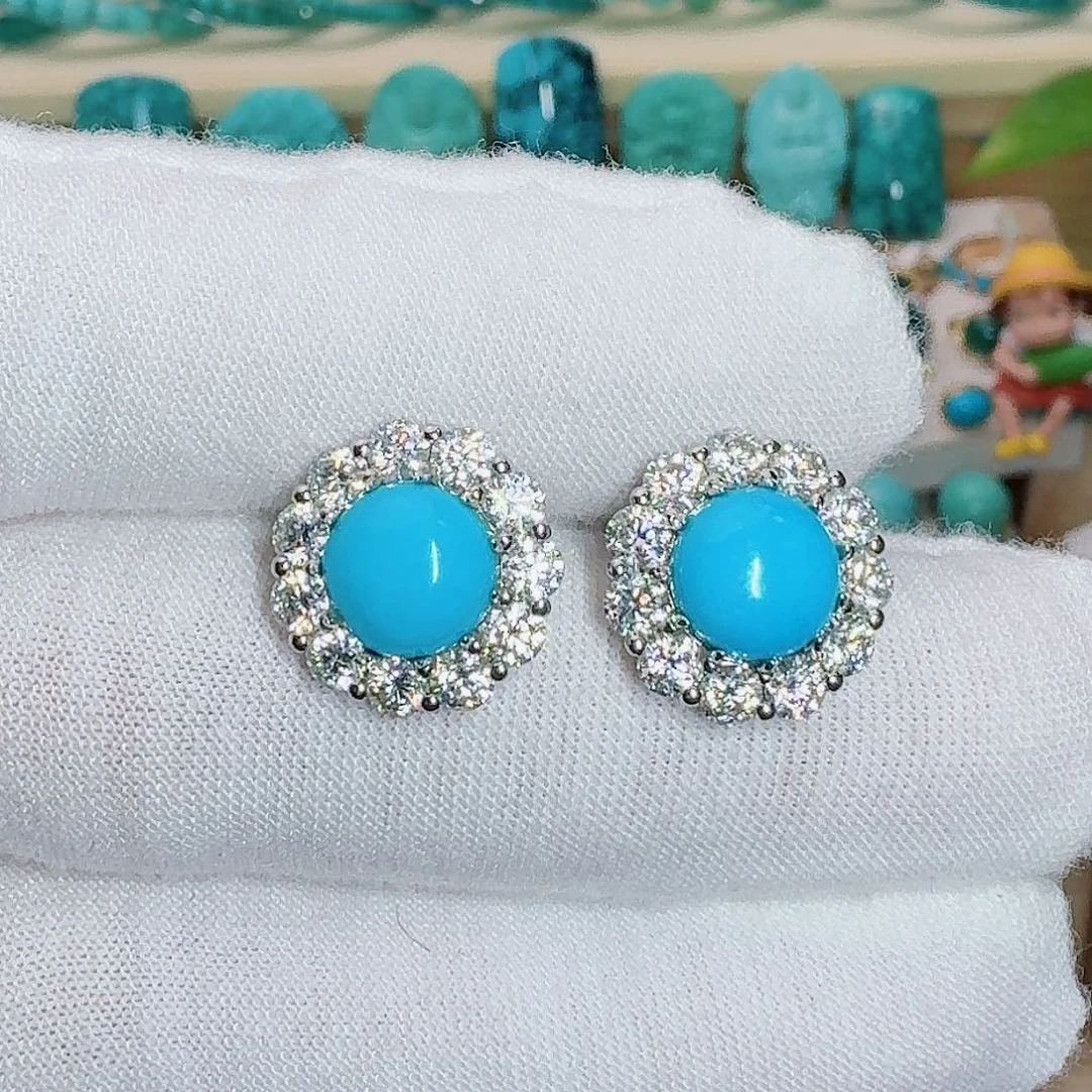 绿松石银S925镶嵌珠宝奇石高瓷高蓝钻镶耳钉