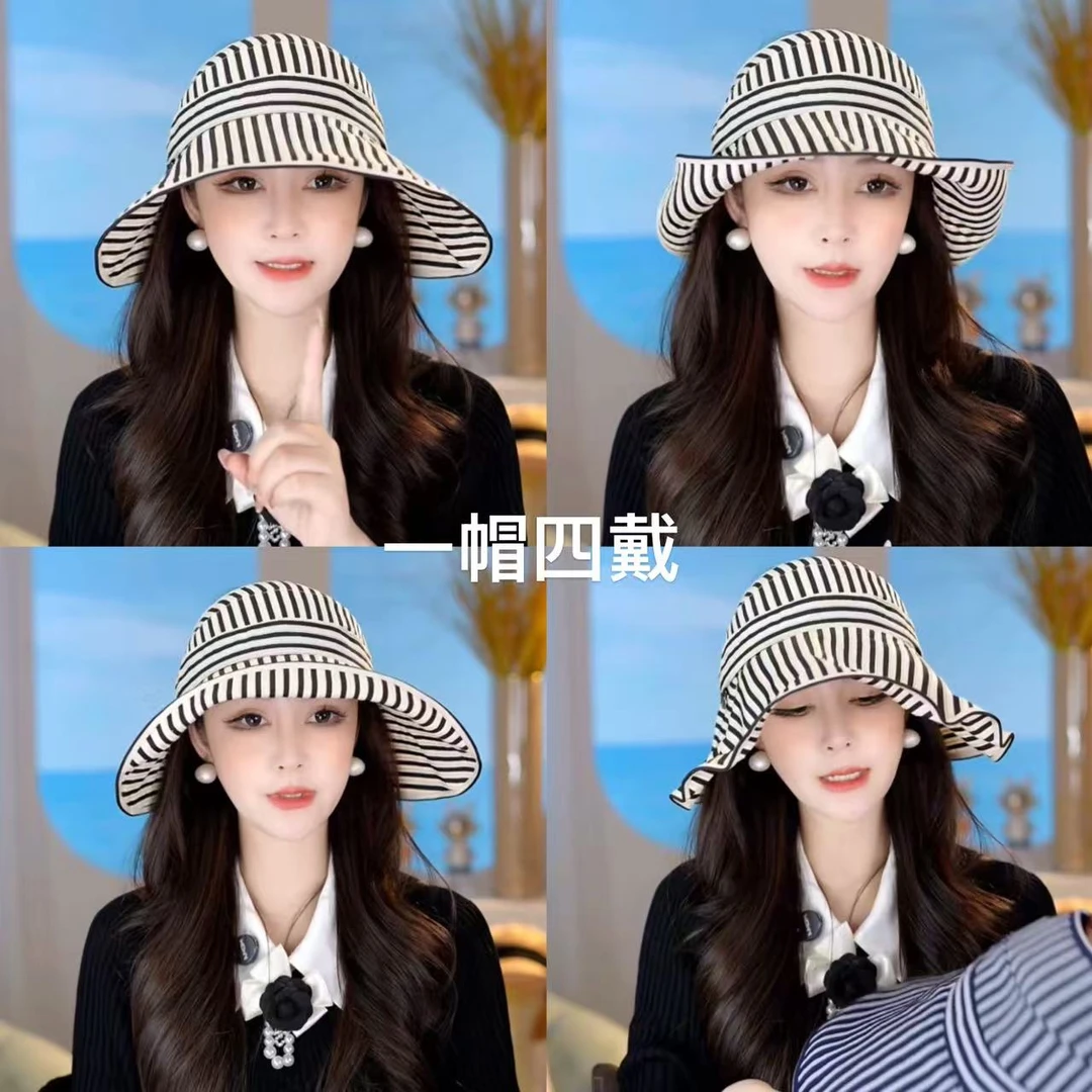 日系风条纹防晒帽大帽檐户外旅游遮阳空顶扎马尾太阳帽