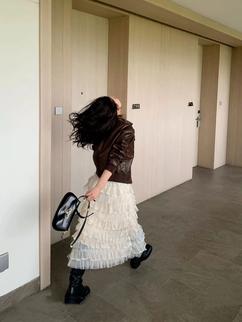 rowrow柔柔 氛围网纱蛋糕裙女春新款a字包臀中长款显瘦蓬蓬半身裙