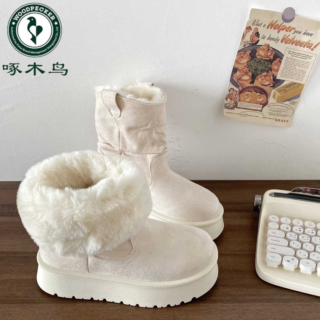啄木鸟粉色翻边雪地靴女2025新款冬季加绒厚底保暖棉靴毛毛短靴