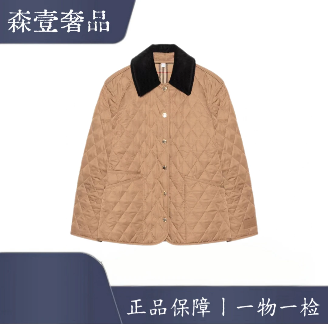 未使用 BURBERRY/博柏利 拼色灯芯翻领格纹绗缝长袖棉服 女款