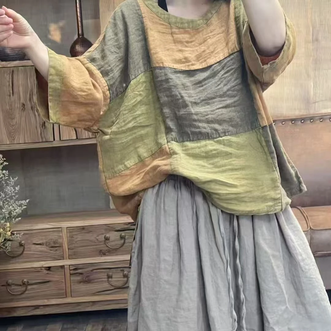 2025 夏新款 拼色文艺风亚麻衬衫 慵懒休闲套头复古衬衣中袖女