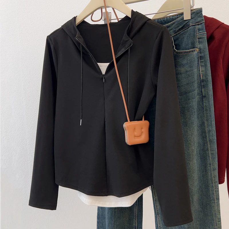 Q大码假两件t恤女秋季新款胖MM韩系慵懒风百搭连帽长袖内搭打底衫