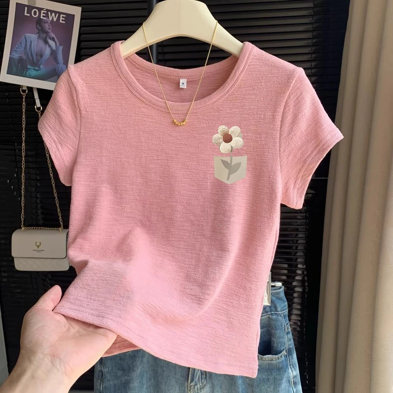 肌理感正肩小飞袖t恤夏季新款圆领今年流行显瘦百搭短袖女棉纱