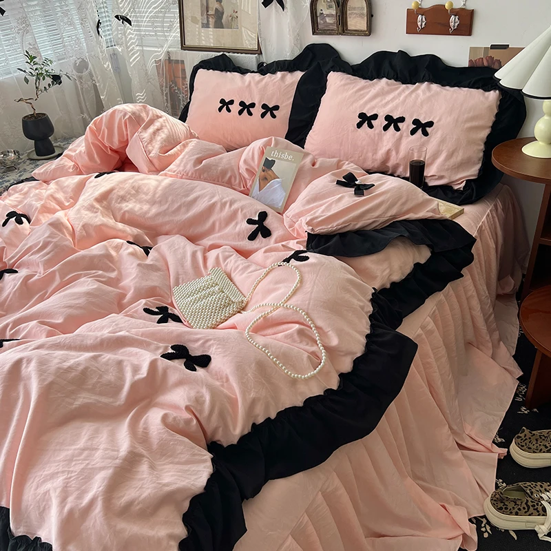 新款花边蝴蝶结毛巾绣床裙水洗棉学生宿舍寝室四件套女孩子