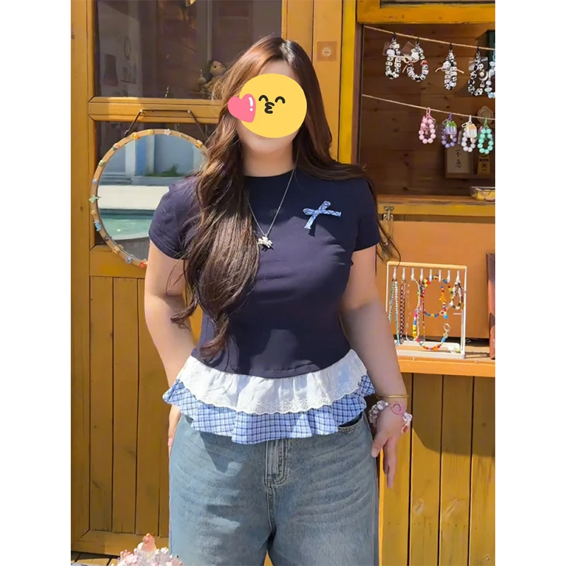 白色格纹拼接修身短袖T恤女2025新款夏季大码胖mm显瘦遮肚子上衣