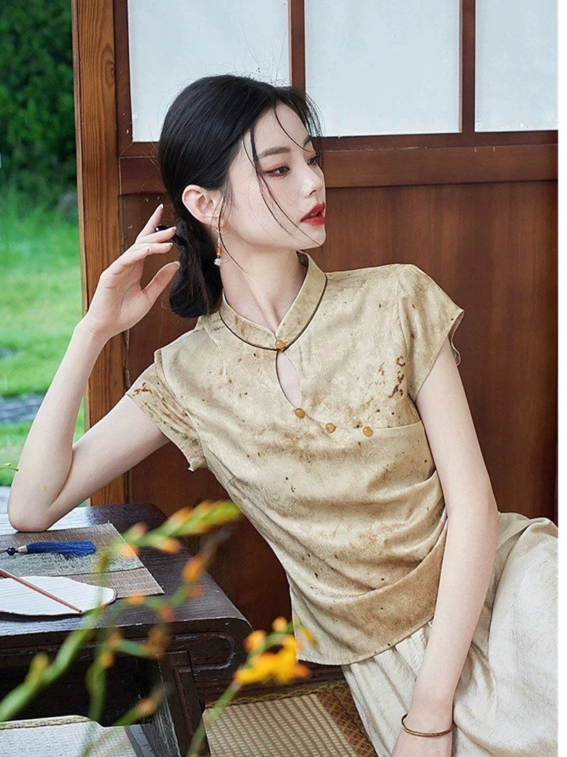 新中式提花斜襟短袖衬衫上衣女夏季修身禅意茶服改良立领国风小衫