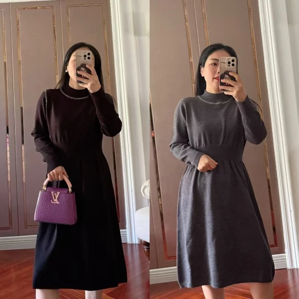 【Zoe轻奢】轻摇舞步·赫本风小黑裙烫钻高圆领针织打底连衣裙240839