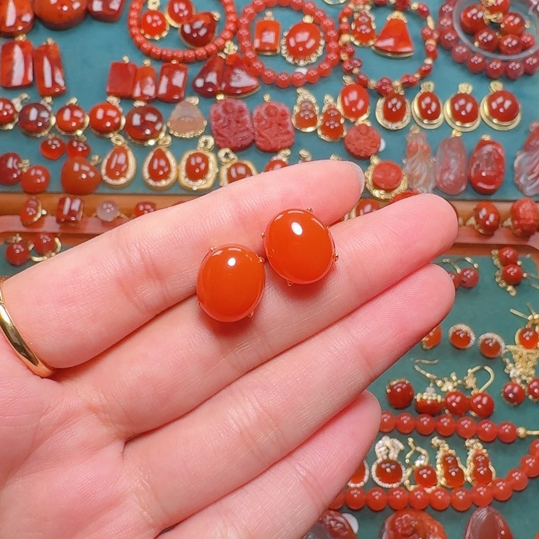 南红玛瑙银S925镶嵌耳饰