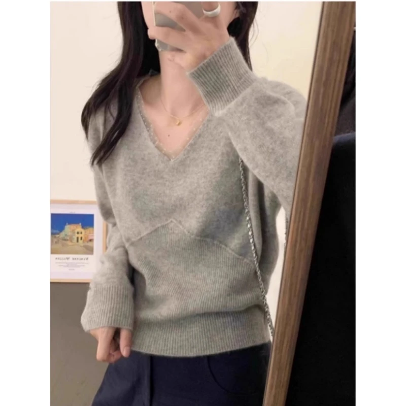 清仓灰色v领针织打底衫女内搭高级感秋季羊毛衫软糯毛衣韩系上衣