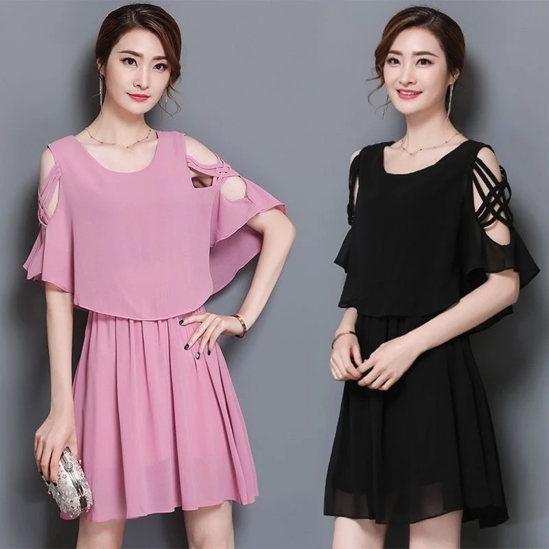 夏装小个子短袖法式连衣裙女装宽松露肩气质中款泡泡袖雪纺裙子