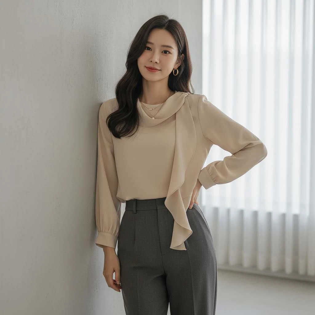 韩国正品显廋显气质高端春秋款荷叶边飘带长袖衬衫女