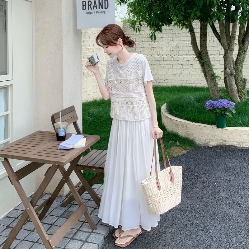 镂空罩衫T恤半身裙套装2025夏季新款时尚韩系ins风气质显瘦三件套