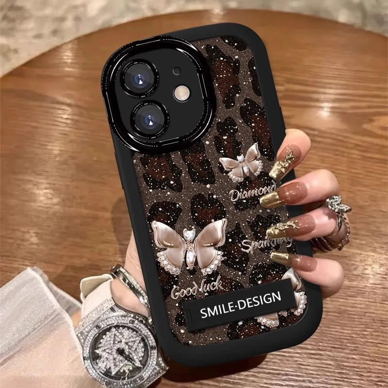 豹纹蝴蝶适用苹果16promax手机壳轻奢小香风iphone15泡芙壳酒红色