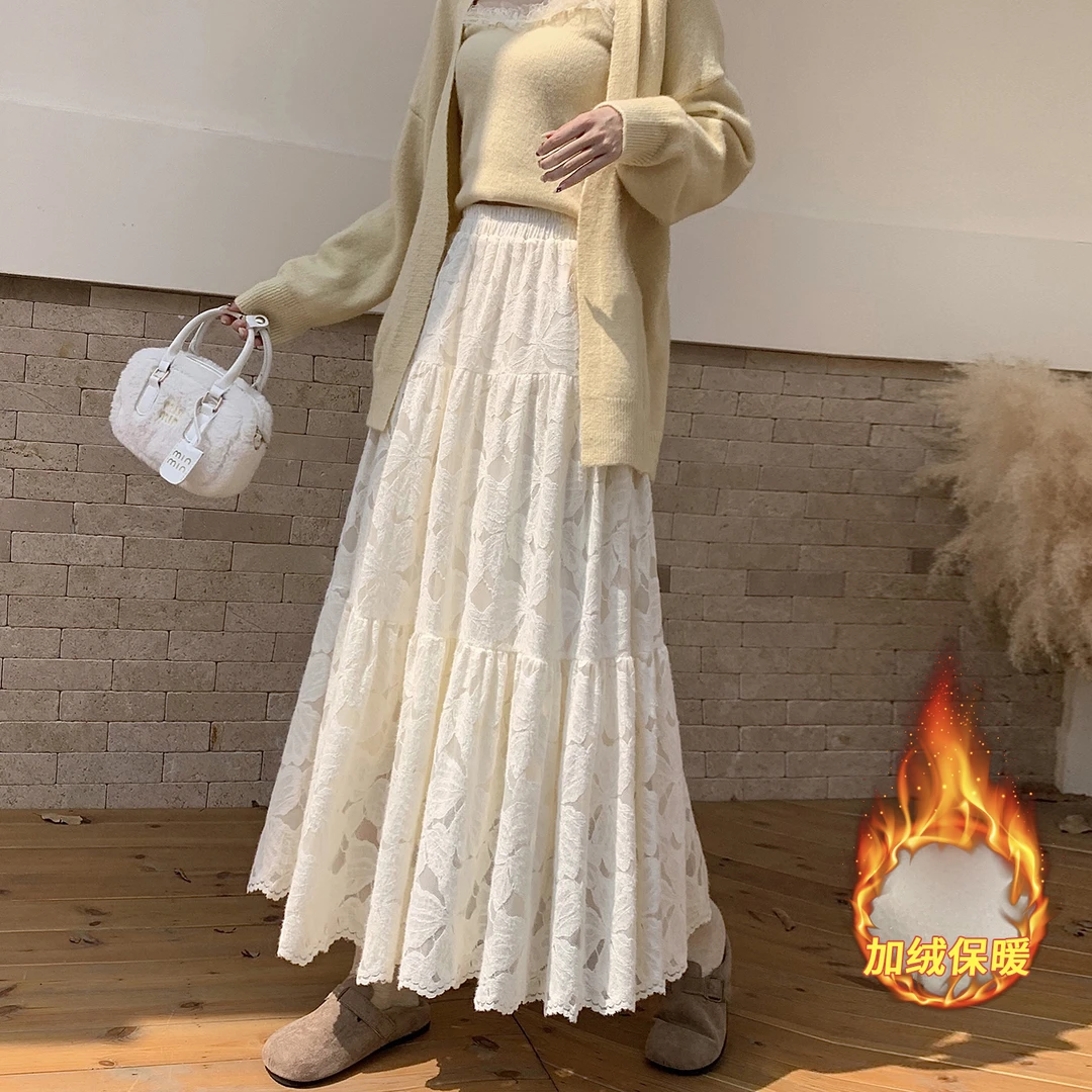 加绒蕾丝半身裙女2025秋冬新款仙女蛋糕裙松紧高腰显瘦a字中长裙