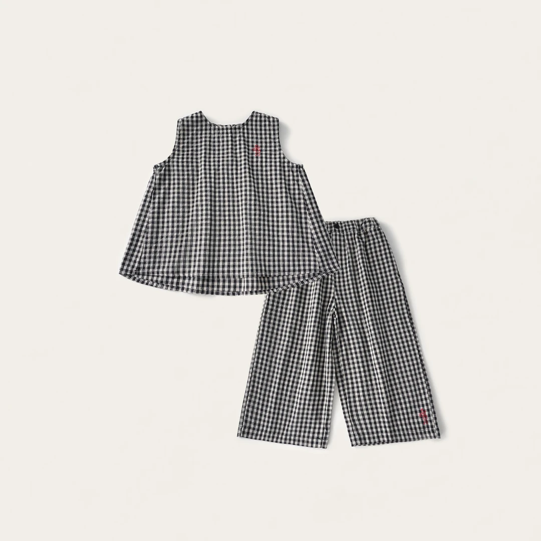 〖姐姐家〗2025夏款女童萌娃穿搭格子娃娃衫+阔腿休闲裤套装bt6115