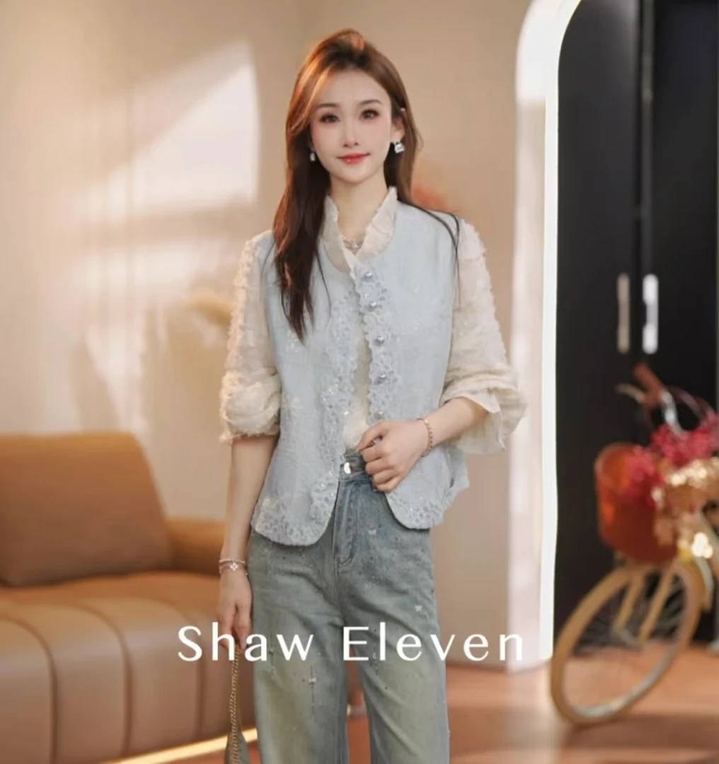 WY-2025春装新款法式淑女提花蕾丝圆领马夹中式上衣时尚洋气减龄