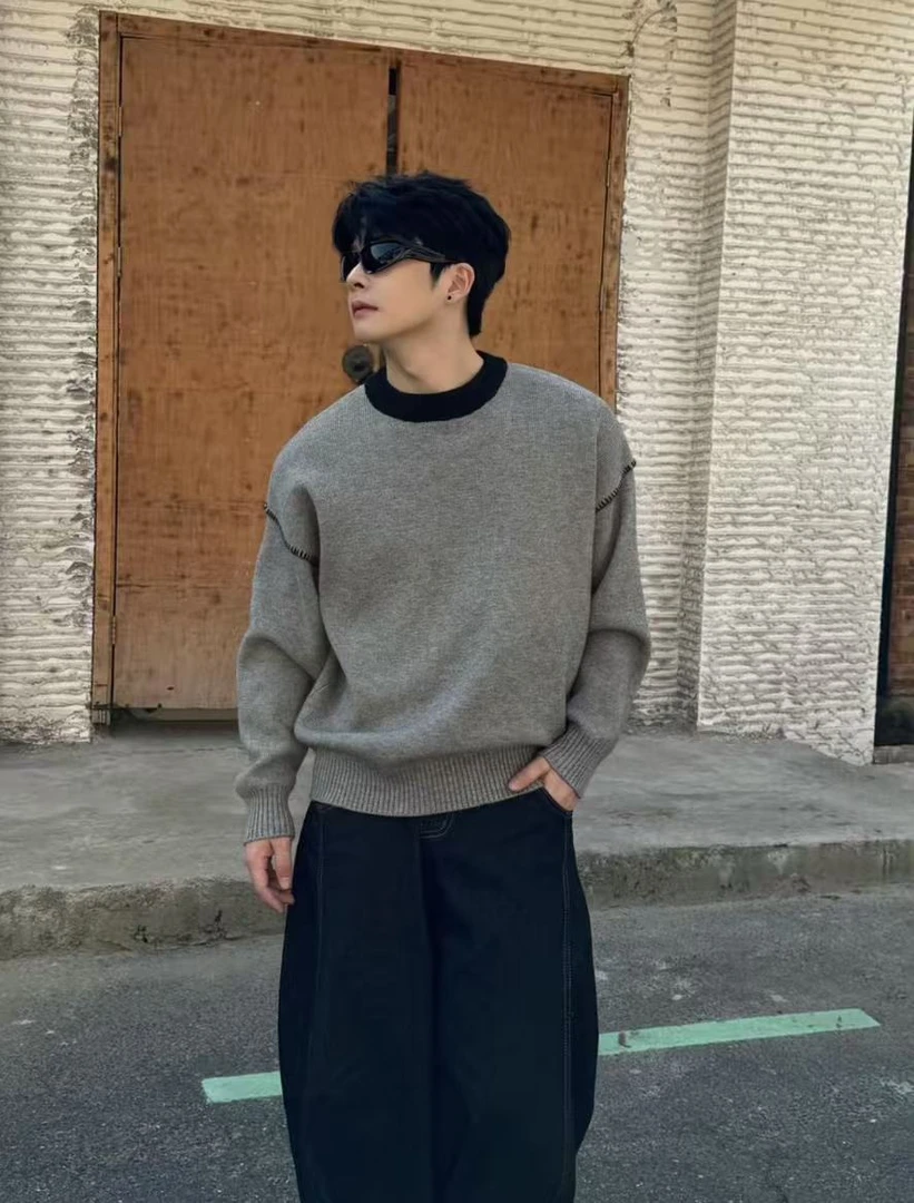 针织明线圆领冬季撞色毛衣针织衫加绒套头衫秋冬宽松25053