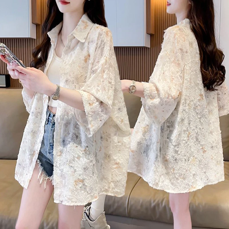 大码女装胖mm短袖薄款衬衫女夏季新款韩版宽松防晒衣花衬衣潮外套