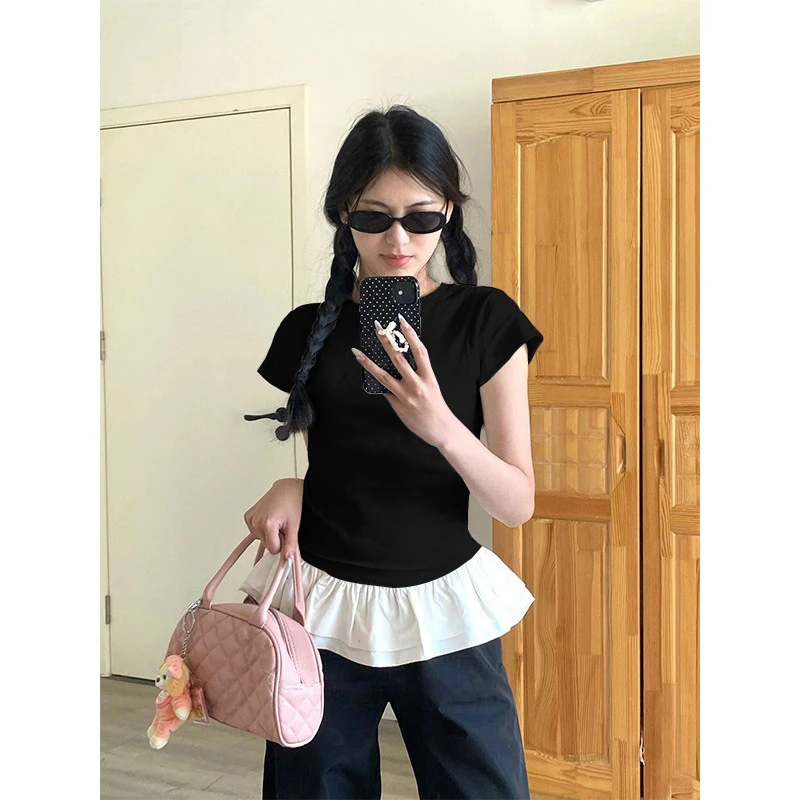 纯棉夏季圆领芭蕾风t恤女带裙摆下摆短袖女辣妹显身材修身上衣