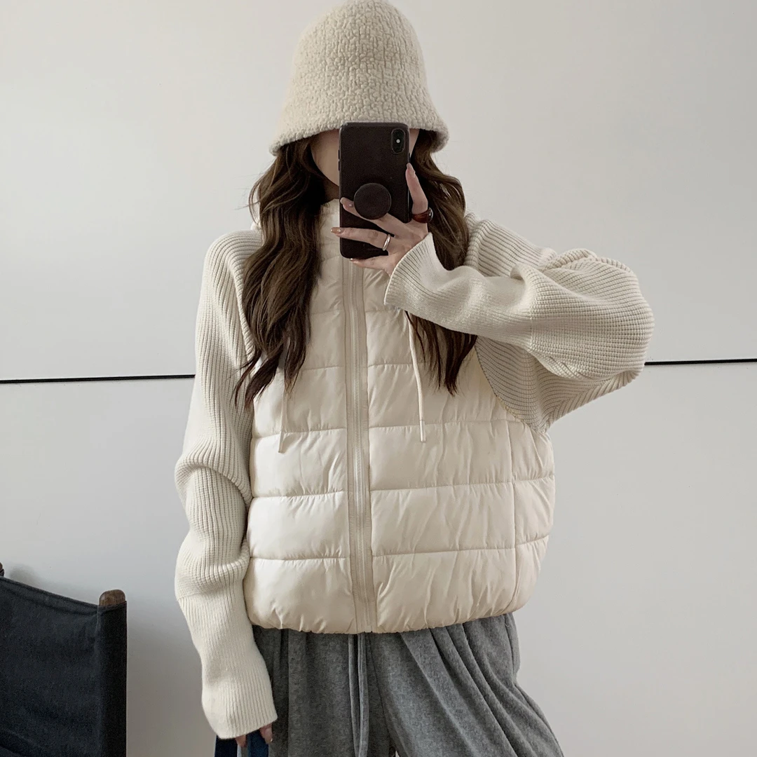 鸭丫2025新款针织拼接服女短款显瘦连帽棉衣棉袄冬季出游服装女