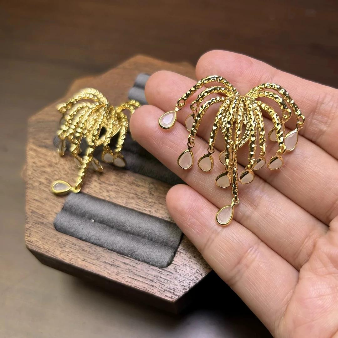 铜合金耳饰 高定爆款流苏水滴猫抓个性小众耳饰