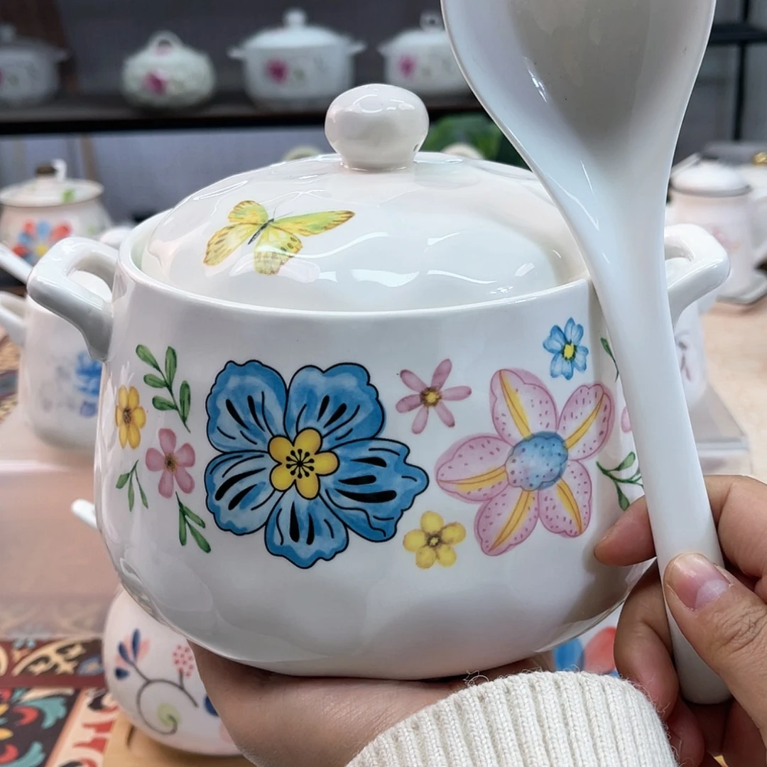 【闪购商品】瓷3斤石纹猪油罐春色满园无孔带勺