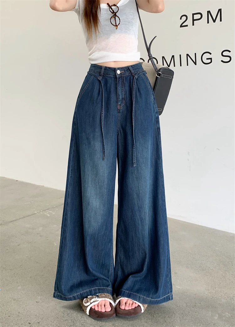 夏季高腰抽绳宽松显瘦垂感深蓝色牛仔阔腿拖地裤