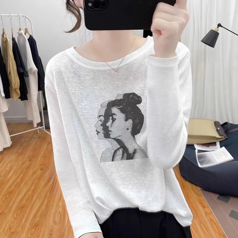 雪花棉棉麻秋装T恤女正肩上衣夏圆领宽松透气打底衫复古减龄体恤