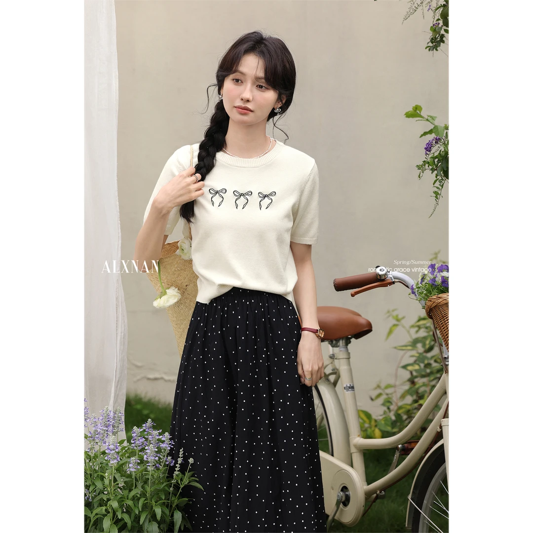 【清清】「夏日物语」白色正肩针织衫短袖女设计感修身上衣