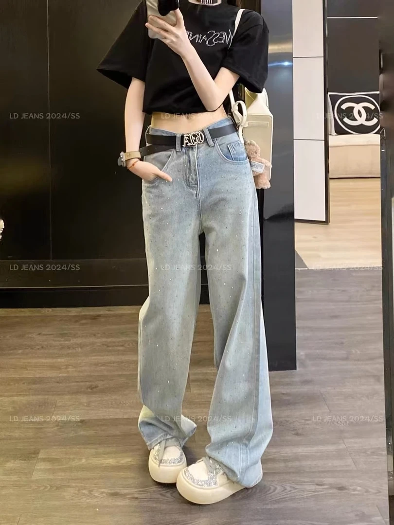 垂感牛仔裤女新款高腰休闲长裤拖地裤烫钻显瘦气质