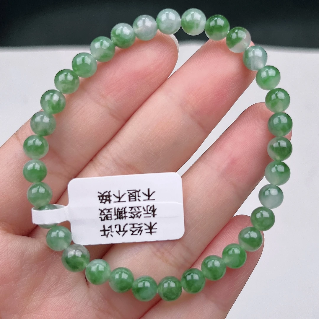 缅甸翡翠手串冰绿色冰飘花卡5冰润圆珠素圈时尚百搭轻奢品质珠宝
