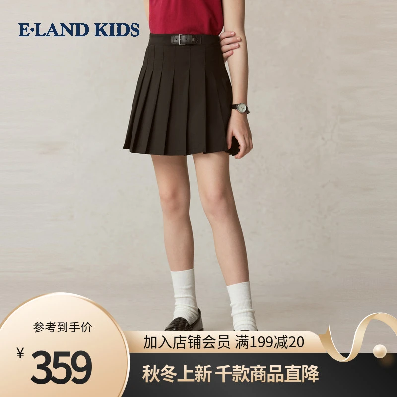 E·LAND KIDS衣恋女童半身裙2025年夏潮流复古休闲褶裙EKWHF3721K